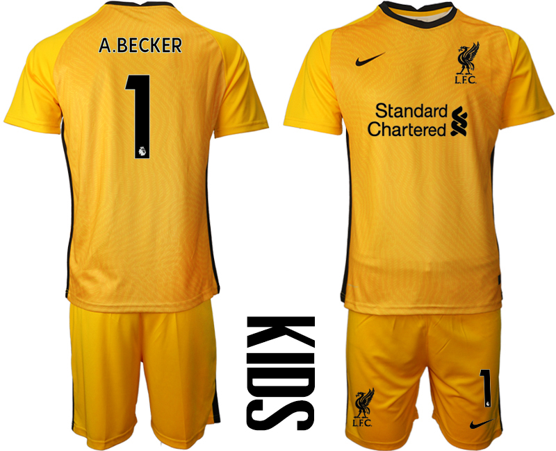 2021 Liverpool yellow goalkeeper Youth #1 soccer jerseys